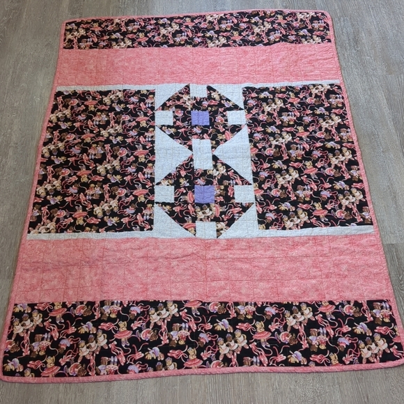 Handmade Quilt 50" X 38" Girl Teddy Bear Bag Patchwork Baby Shower Birthday - Picture 1 of 6